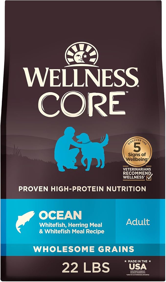 Wellness CORE Adult Dry Dog Food, Wholesome Grain Kibble, Natural, High Protein, Chicken Free, Whitefish and Herring Recipe, 22 lb Bag