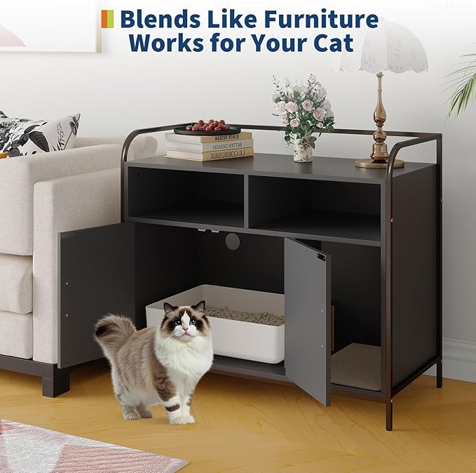 Garvee Cat Litter Box Enclosure Furniture Wooden Hidden Indoor Cat Washroom House Cabinet with 2 Open Compartments Scratching Mat Double Door Storage Cabinet Front Entry Air Vents Metal Frame