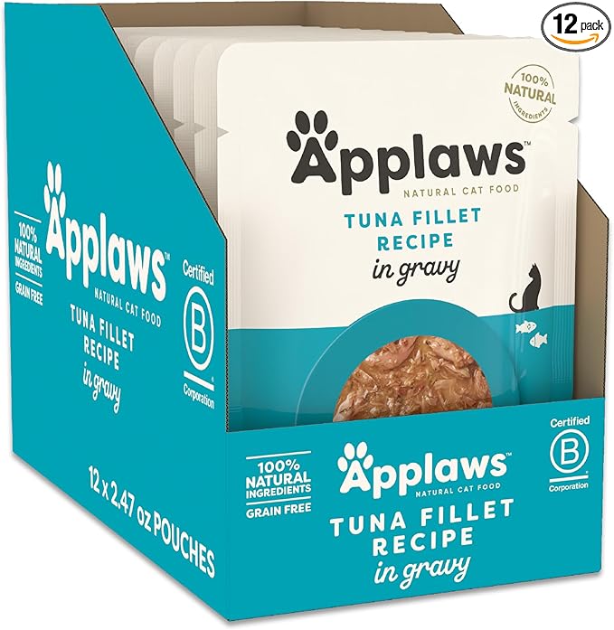 Applaws Natural Wet Cat Food in Gravy, Limited and Natural Ingredients, High Protein with No Artificial Additives, Tuna Fillet in Gravy (12 x 2.47oz Pouches)