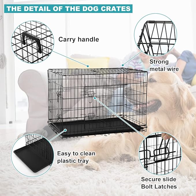 36 Inch Small Dog Crate Doge cage Folding Dog Kennels Metal Wire Pet Crates Puppy Dogs Cages Animal Training Cage Crate with Double Door, Waterproof Tray, Handle and Divider