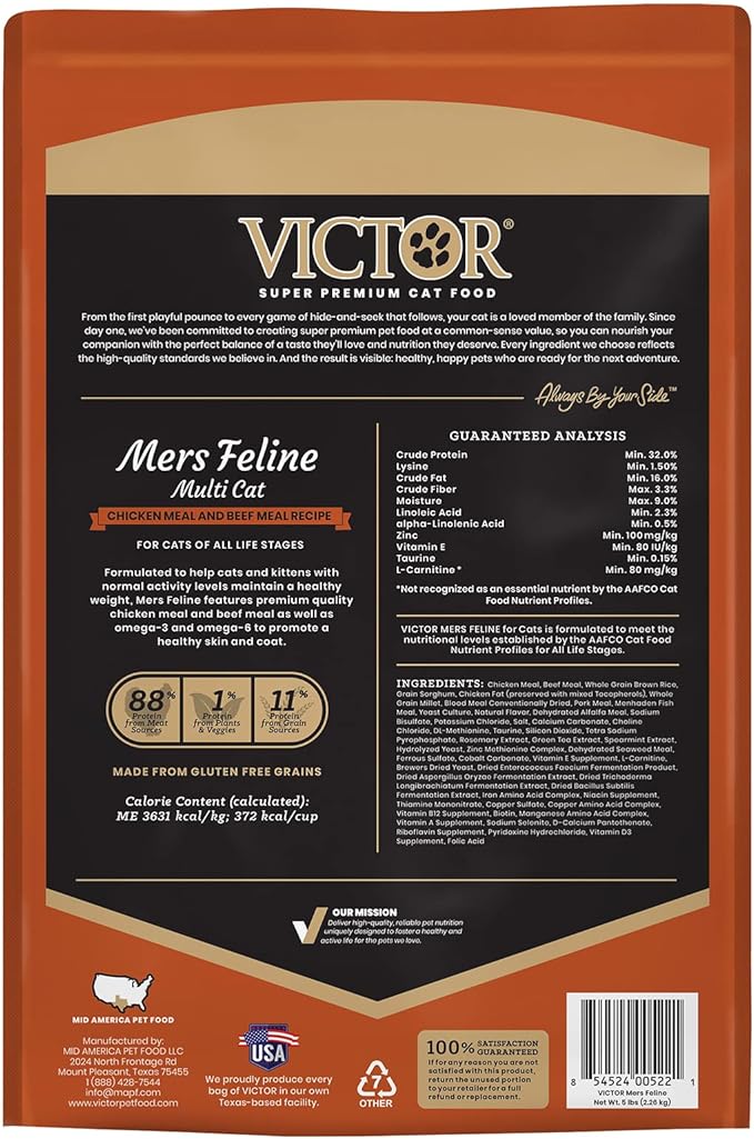 VICTOR Super Premium Cat Food – High-Protein Mers Feline Dry Cat Food with Chicken, Beef, Pork and Fish Meal for Normally Active Cats – All Breeds and All Life Stages from Kitten to Adult, 5 lb