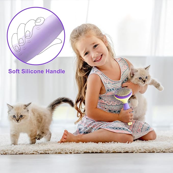 Cat Brush for Grooming and Shedding, Self-Cleaning Silicone Brush for Short and Long Haired Cats, Cat Gifts for Pet Lovers (purple)