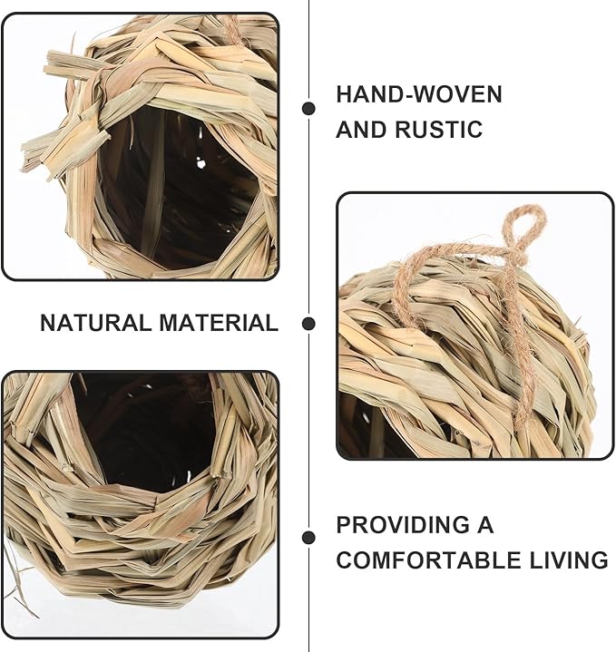 Mipcase Hand-Woven Straw Hamster Hideout and Bird Nest Small Animal Shelter Natural Straw Hut for Hamsters and Birds Cage Accessory Habitat