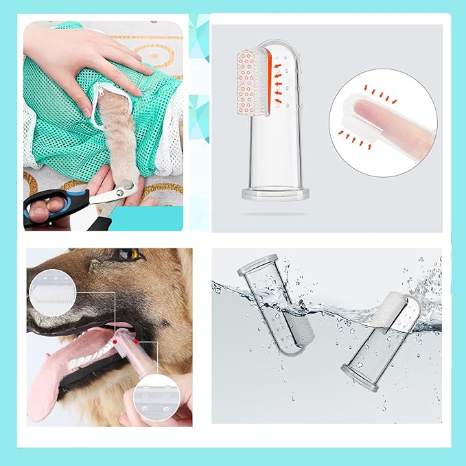 Adjustable Multifunctional Anti-Bite Shower Net, Cat Grooming Mesh Bag, Cat Bath Brush and Pet Finger Toothbrush (B-Pink)