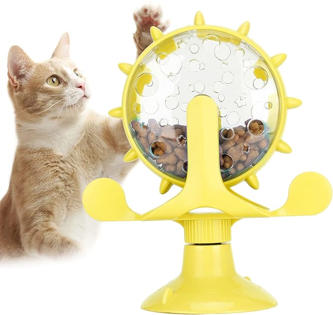 GLOGLOW Interactive Cat Puzzle Feeder, Windmill Treat Dispensing Cat Toy, Indoor Playtime, Suction Cup, Slow Feeding, for Cats, Kittens, and Puppies Training Rewards