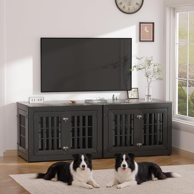 Snuowu 38" Heavy-Duty Dog Crate Furniture for Large/Medium Dogs, Rustic Wooden Dog Cage Kennel Indoor Furniture, Decorative Pet House End Table, Black & Grey