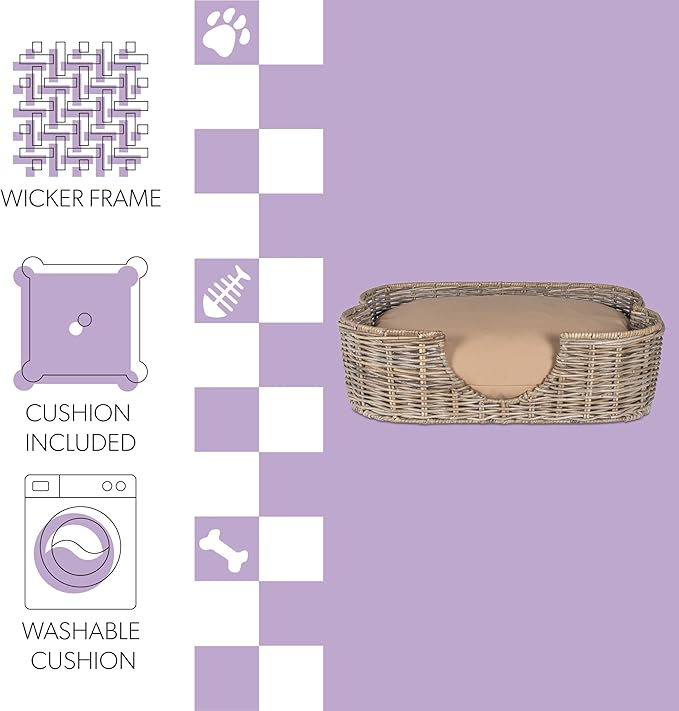 DBD1002A Scallop 27" x 18.25" Tropical Handwoven Rattan Dog Bed with Machine Washable Cushion, Kubu Gray