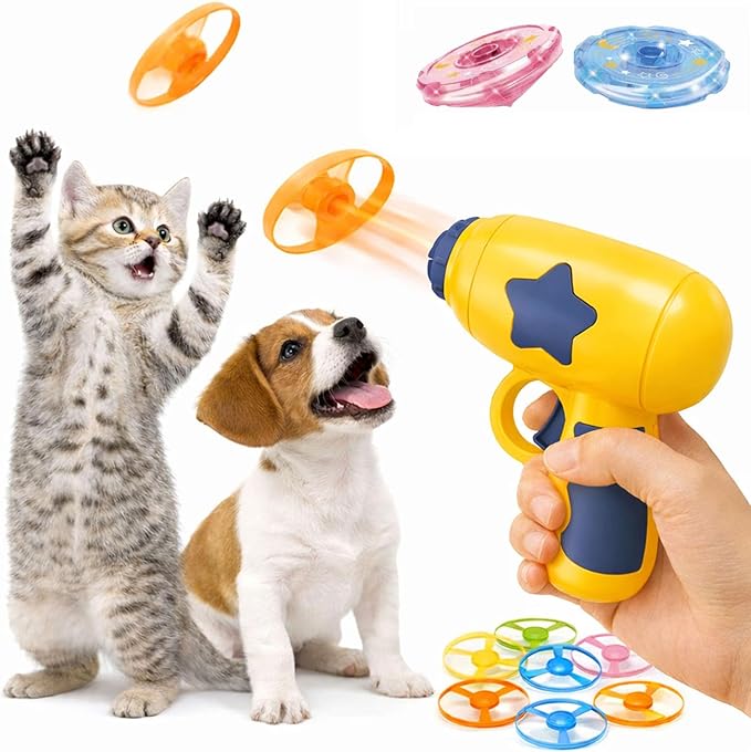 Bamboo Dragonfly Catapult Launcher, Flying Disk Launcher Toy,7 Piece Cat Fetch Toys,Interactive Flying Cat Toy for Pet Exercise & Night Play,with LED Glow (Yellow)