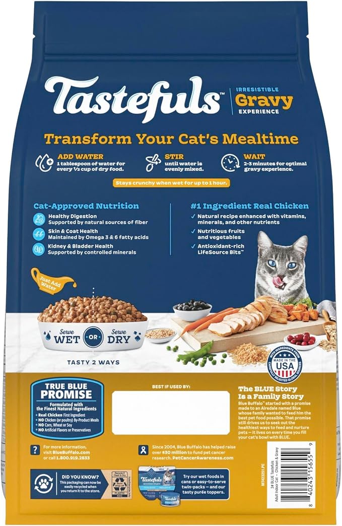 Blue Buffalo Tastefuls Irresistible Gravy Experience Adult Indoor Cat Dry Food, Chicken & Brown Rice Recipe, 3-lb. Bag