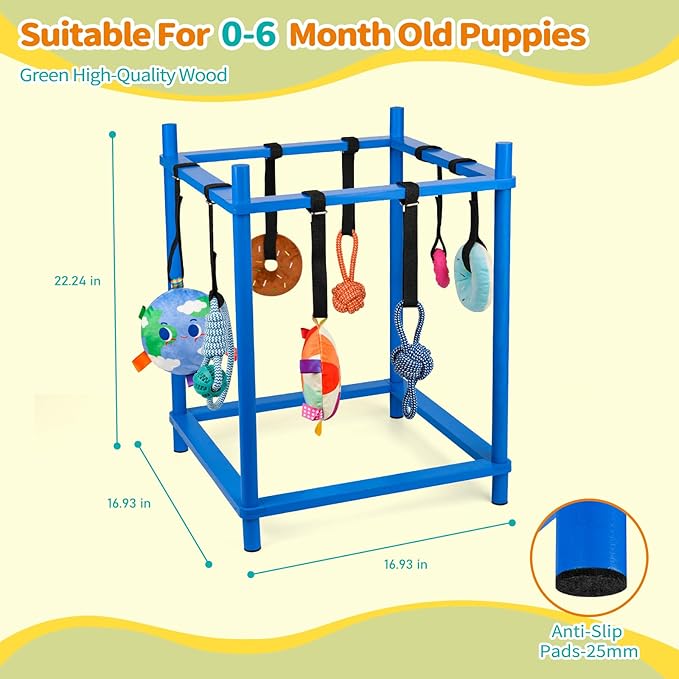 Wooden Puppy Play Gym for Small Dogs, Puppy Jungle Gym with 8 Hanging Toys, Wood Frame Indoor Puppy Gym with Dog Enrichment Toys for Puppies and Small Pets (Blue)