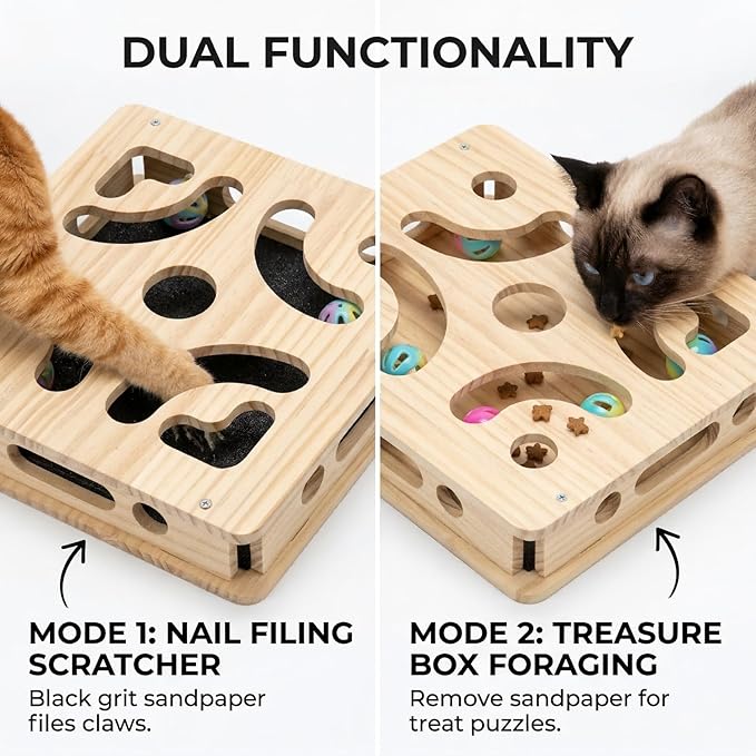 EIODEAR Cat Nail File Scratcher with 5 Sandpaper Pads, 4 Bell Balls, 8 Screw, Solid Wood Cat Scratch Puzzle Enrichment Box Nail Filer Box Toy to File Nails, Cat Treat Box for Treat-Motivated Cats
