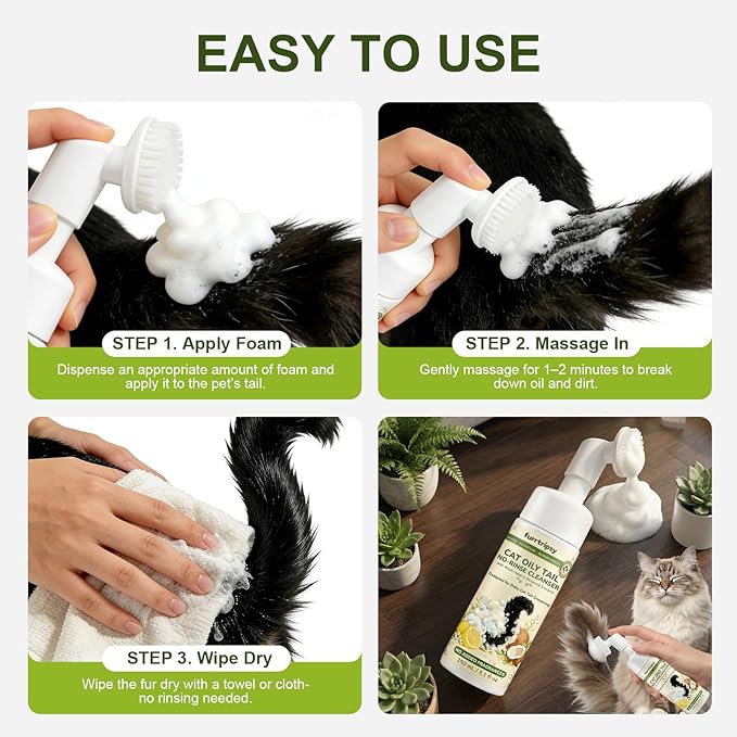 Cat Oily Tail Cleanser-Gentle 2-in-1 Wash Brush-Reduces Oil& Grease-PH Balanced No-Rinse Mousse-Witch Hazel and Sophora Extracts 5.1 fl oz