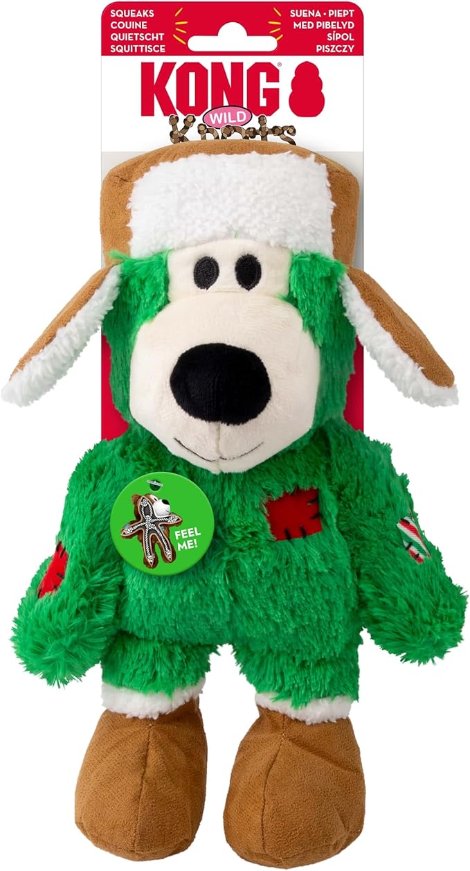 KONG Christmas Holiday Wild Knots Bear Dog Toy – Durable Rope Skeleton, Squeaker for Long-Lasting Play, Less Stuffing for Less Mess, Assorted Colors (1 Pack, Medium/Large)