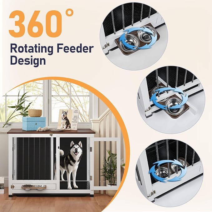 31.5" Dog Crate Furniture - Indoor Wooden Kennel with 360° Rotating Feeder | Multi-Functional End Table for Small & Medium Dogs | Portable Pet Cage with Removable Tray & Easy Assembly