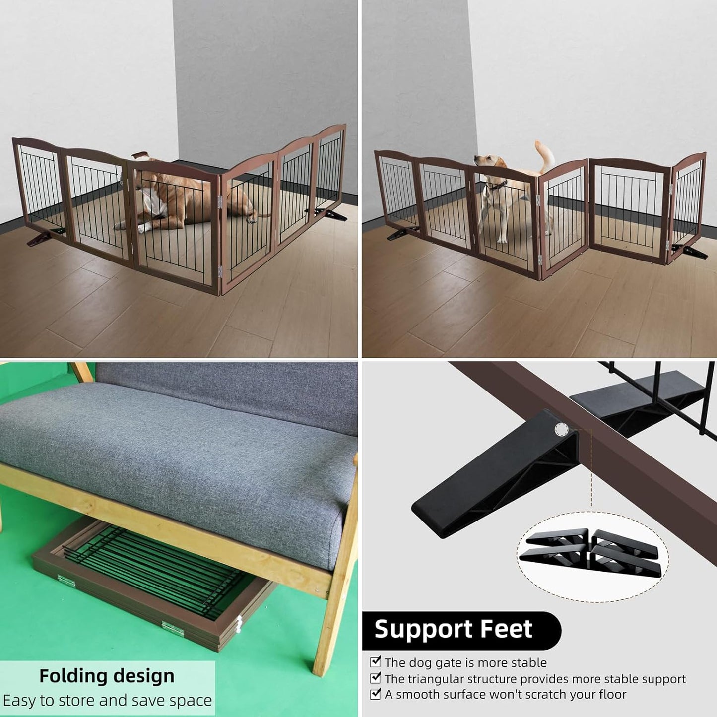 ZJSF Freestanding Dog Fence Indoor, Foldable Dog Gate for Doorways, Stairs or Hallways, Sturdy Wood Extra Wide Pet Gate with Support Feet for The House, Brown, 24 "Height-6 Panels