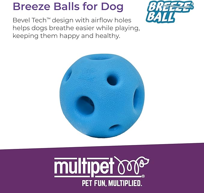 Multipet Breeze Balls for Dog - Bevel Tech Interactive Dog Toy w/Holes for Breathing - Flotable Ball for Dogs - Pet Toy for Chewing & Playing (1 Count, 3”, Random Color Surprise)