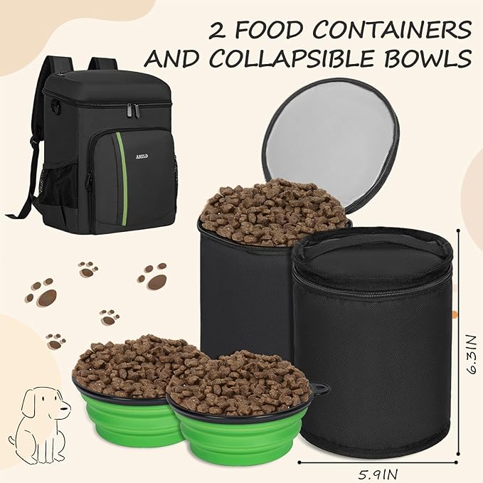 ANILD Dog Travel Bag Backpack, Flight-Ready TSA-Approved Dog Travel Bag with 2 Leak-Proof Food Canisters, 4 Foldable Silicone Bowls, Multi-Compartment Organizer for Hiking, Camping, Dog Mom Essentials