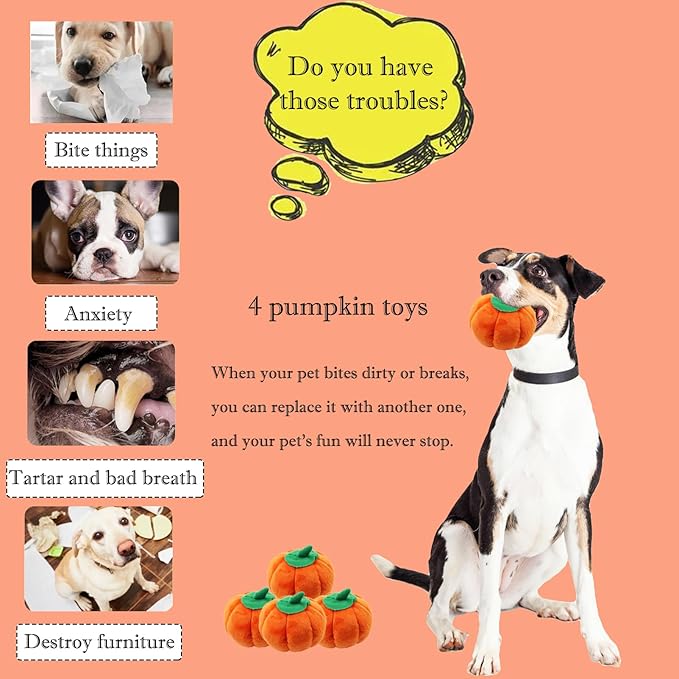 BAMY 4 Pcs Pumpkin Dog Chew Toys Pet Squeaky Toy Halloween Plush Cat Playing Toys Teeth Grinding Pet Training Toy for Dog Cat Relief Decompression (Pumpkin)