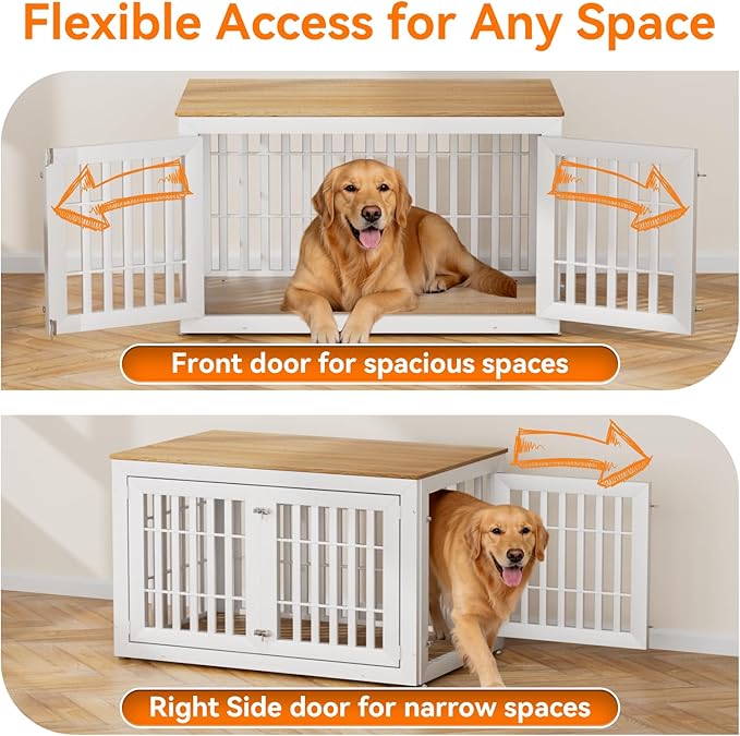 Snuowu 48" Heavy-Duty Dog Crate Furniture for Large Dogs, XXL Wooden Dog Cage Kennel Indoor Furniture, Decorative Pet House End Table, White & Wood