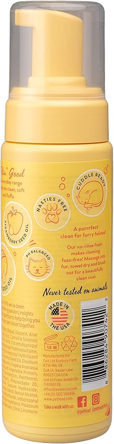 Pet Head Felin' Good Cat No Rinse Foam | Fruity Scent with Aloe Vera | Dry Cat Shampoo for Smelly Cats | Vegan | Lick-Safe | Gentle Formula for Kittens | Made in USA | 6.7 fl. oz.