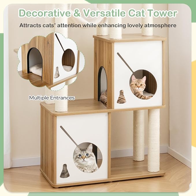 Tangkula Modern Cat Tree, 57 Inch Wood Cat Tower with Sisal Scratching Posts, Padded Top Perch, 2 Cat Condos, Hanging Hammock & Climbing Ladder, Multi-Layer Large Cat Tree Tower for Indoor Cats