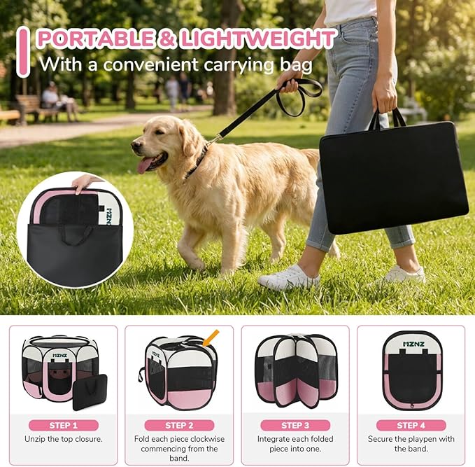 Dog Playpen, Portable Puppy Pet Crate Indoors for Small/Medium Dogs Cats Rabbits, Foldable Dog Cage Enclosure for Outdoor, Pop Up Dogs Tent Kennel with Carrying Case, Pink