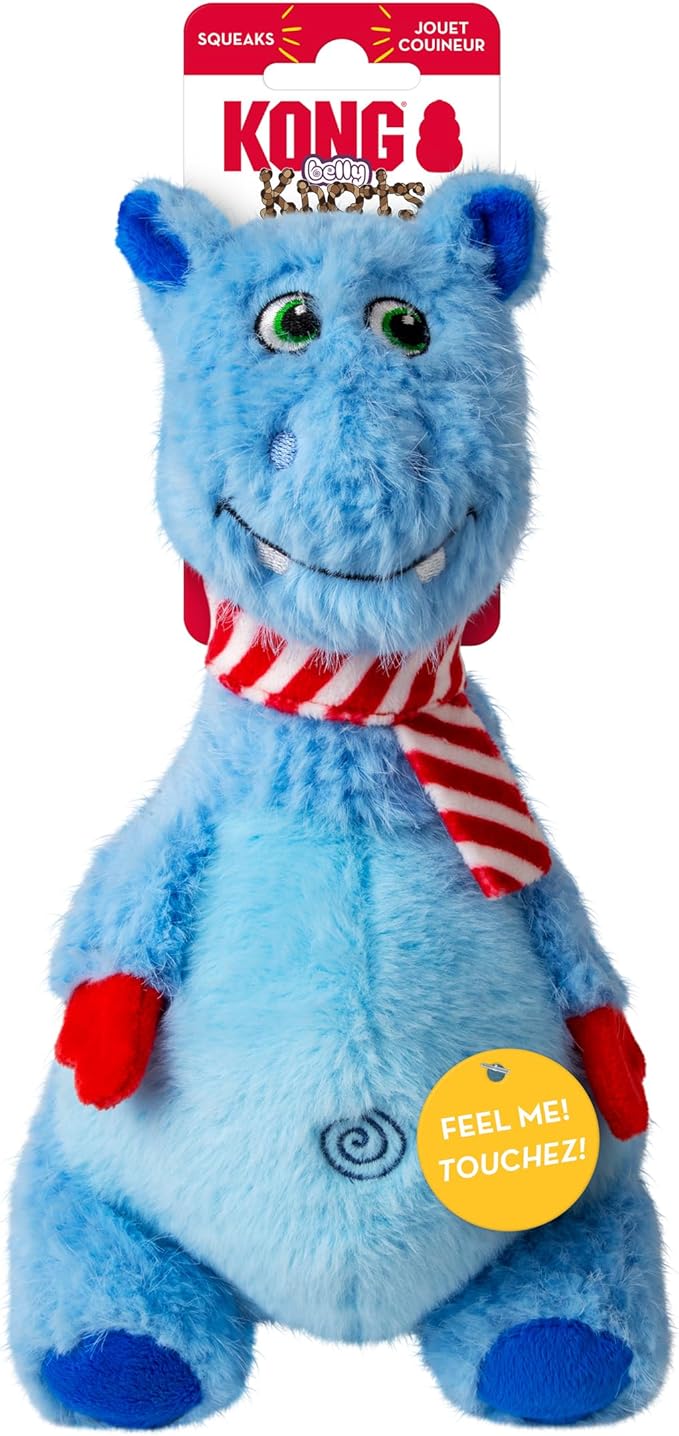 KONG Holiday Knots Belly Hippo Dog Toy – Durable Internal Rope Ball, Soft Plush, Squeaker Head, Heavyweight for Thrashing & Light Chewing – Festive Seasonal Plush Toy for Play & Snuggles