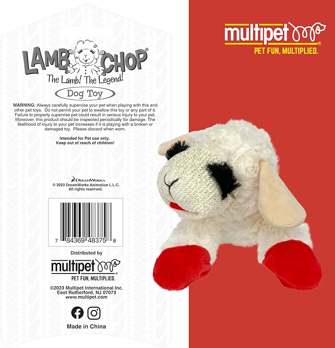 Multipet Lamb Chop Dog Plush Toy - Squeaky Toy for Small & Medium Dogs - Extra Soft Plush - Stuffed Animal for Cuddling & Playing 10" Cream, 5 Squeakers (Pack of 3)