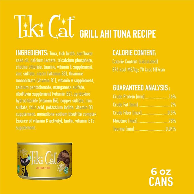 Tiki Cat Grill, Ahi Tuna, High-Protein and 100% Non-GMO Ingredients, Wet Whole Foods Cat Food for All Life Stages, 6 oz. Cans (Pack of 8)