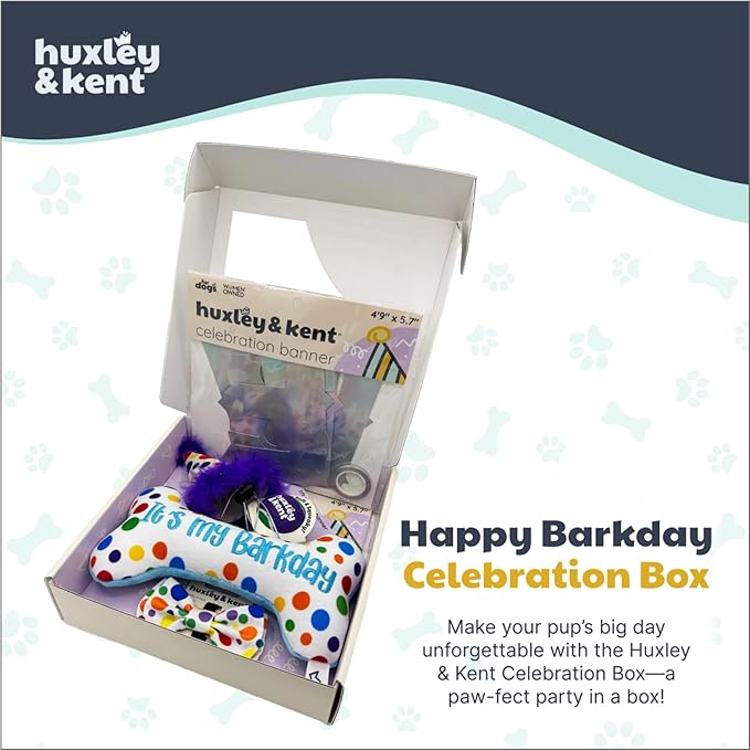 Huxley & Kent Celebration Box for Dogs - Fun Gift Kit with Plush Squeaky Toys, Party Hat, Bow Tie & Banner - Birthday, Gotcha Day & Special Occasion Dog Kit - Happy Barkday Box, Large