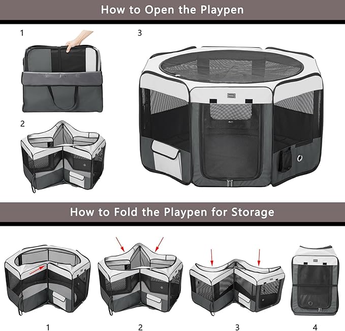 DONORO Dog Playpen Portable Pet Play Pens for Small Dog/Cat/Rabbit/Chicks, Cat Playpen Indoor/Outdoor with Carring Case, Removable Zipper Top and Bottom (Gray, Medium (36"x36"x20"), 8)