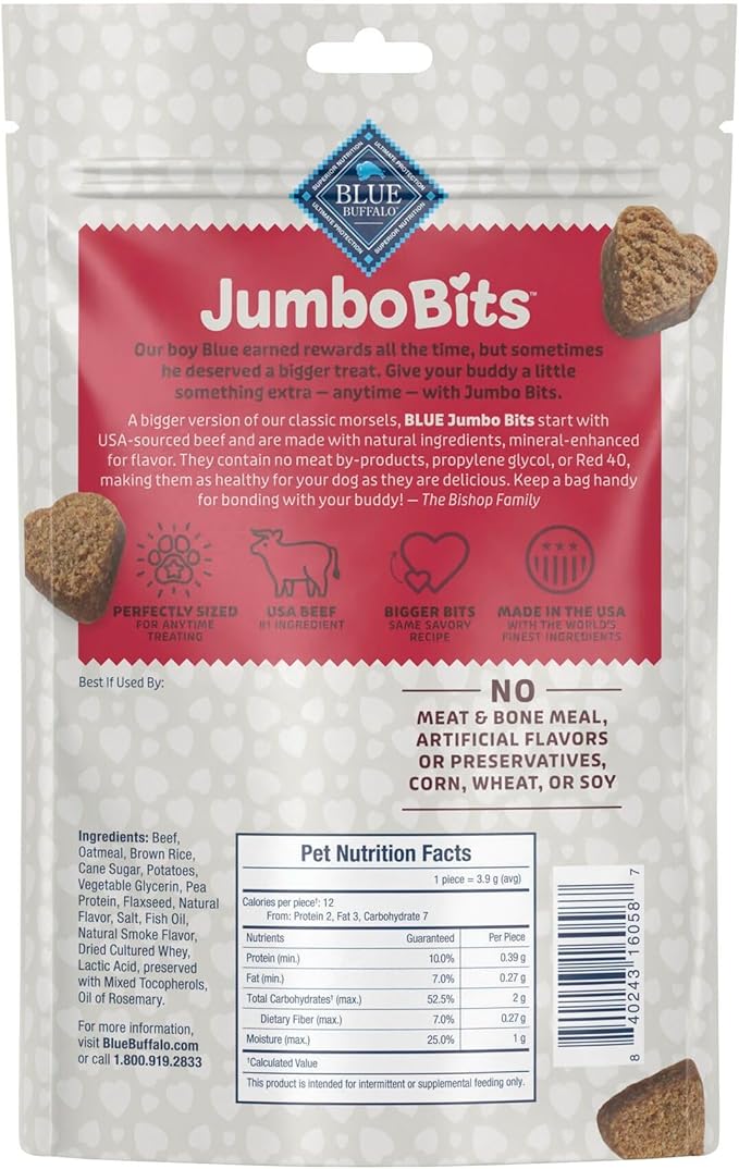 Blue Buffalo Jumbo Bits, Soft & Chewy Anytime Treats, Beef Recipe, Natural Dog Treats Mineral Enhanced for Flavor, 11 oz. Bag