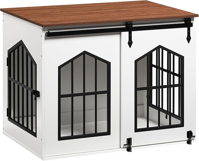 MAHANCRIS Dog Crate Furniture, 31.5" Farmhouse Dog Kennel with Sliding Barn Door, Wooden Dog Cage for Small Medium Dogs, Decorative Pet House Side End Table, Chew-Resistant, White and Walnut DCBA9601