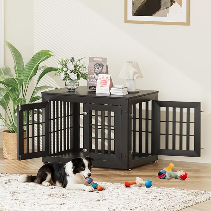 Snuowu 38" Heavy-Duty Dog Crate Furniture for Large/Medium Dogs, Rustic Wooden Dog Cage Kennel Indoor Furniture, Decorative Pet House End Table, Black