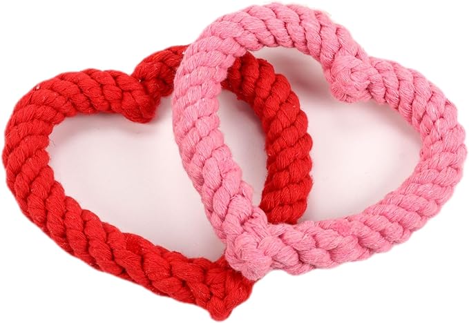 Cute Dog/Cat Chew Toys, Creative Love Heart Shaped Interactive Rope Dog Toys, Cotton Puppy Teething Chew Tug Toy (Pink & Red)