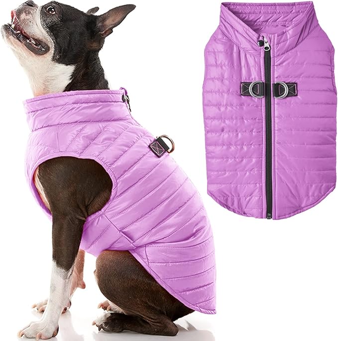 Gooby Puffer Vest Dog Jacket - Purple, X-Small - Ultra Thin Windbreaker with Dual D Ring Leash - Water Resistant Small Dog Sweater Coat