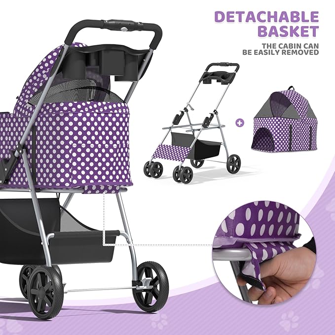 Magshion Foldable Pet Stroller, 3-in-1 Dog Travel Jogger with Detachable Carrier, Cup Holder, Storage Basket, Folding Carrier for Small/Medium Dogs & Cats Up to 33 lbs, Purple Polka Dots