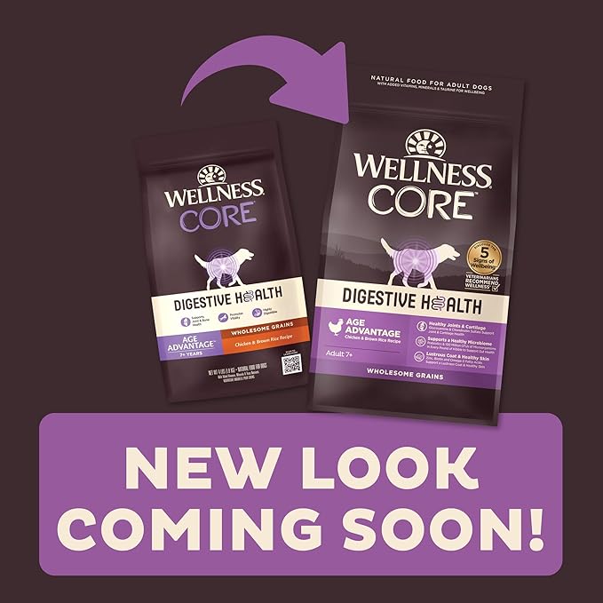 Wellness CORE Digestive Health Age Advantage Senior Dry Dog Food, Wholesome Grain Kibble, Sensitive Stomach, Natural, High Protein, Chicken and Brown Rice Recipe, 24 lb Bag