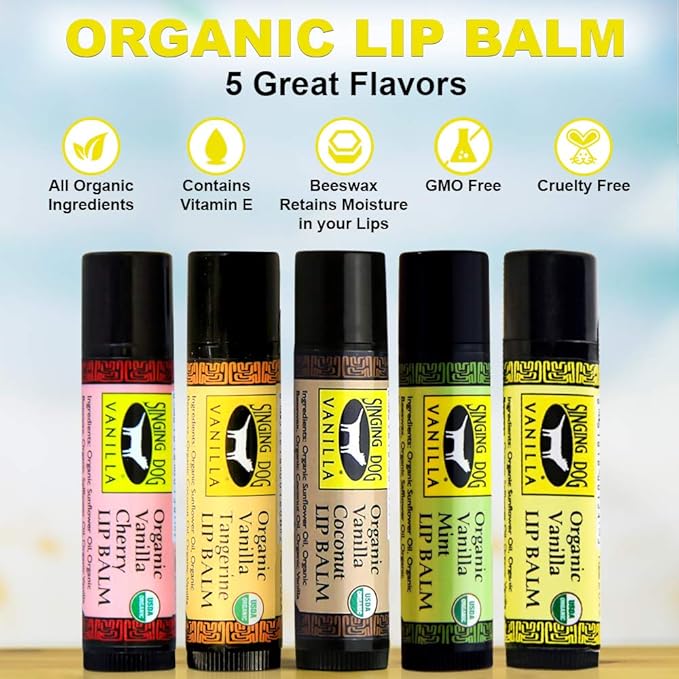 Singing Dog Vanilla USDA Organic Beeswax Lip Balm, 5-Flavor Variety Pack - Vanilla, Cherry, Coconut, Mint, Tangerine - Vitamin E, Grade A Vanilla, 0.15 oz each