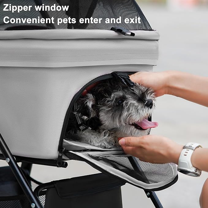 Pet Stroller for Medium Small Dogs/Cats - 4 Wheels Foldable Dog Stroller with Storage Basket,Dog/Cat Carrier,Adjustable Handle,Folding Puppy Carrier Suitable for Traveling with Cats and Dogs (Grey)