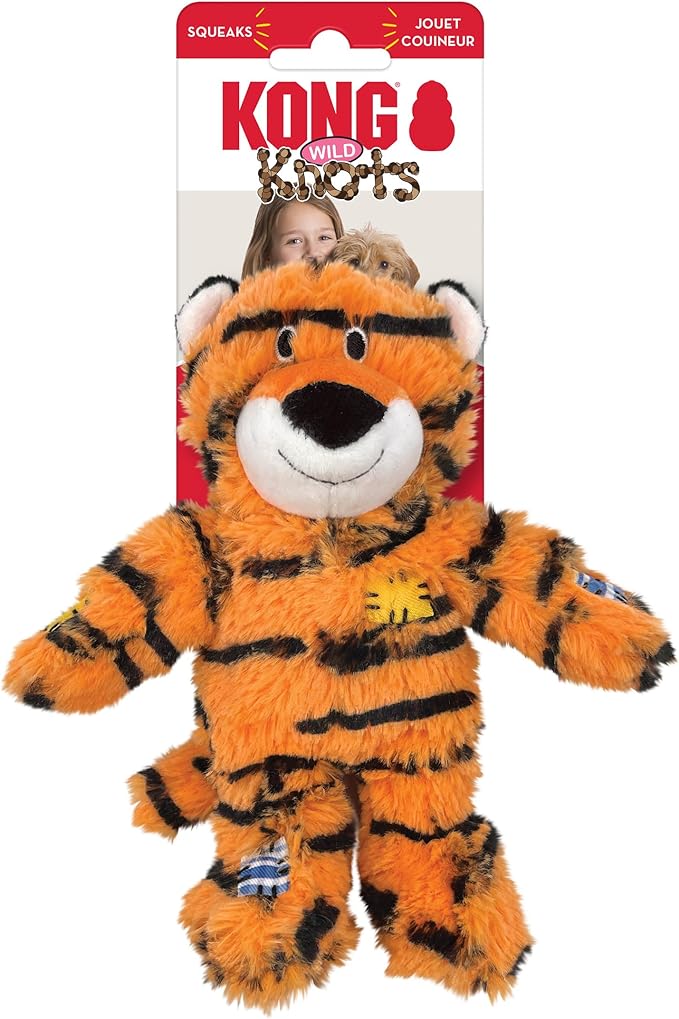 KONG Wild Knots Dog Toys – 2 Pack – Durable Plush Dog Toy with Internal Knotted Rope & Squeaker (Tiger/Giraffe, Small/Medium)