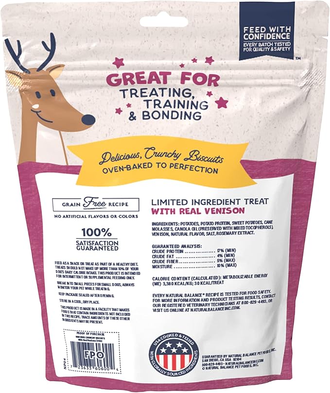 Natural Balance Limited Ingredient Rewards Crunchy Biscuits, Grain-Free Dog Treats for Adult Dogs of All Breeds, Venison Recipe, 28 Ounce (Pack of 1)