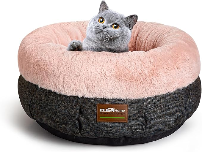 ClevaHome Calming Soft Plush Donut Cat Bed, Fluffy Round Cat Bed for Indoor Cats, Washable Kitten Bed with Plush Faux Fur, Anti-Slip Bottom, Blush Pink