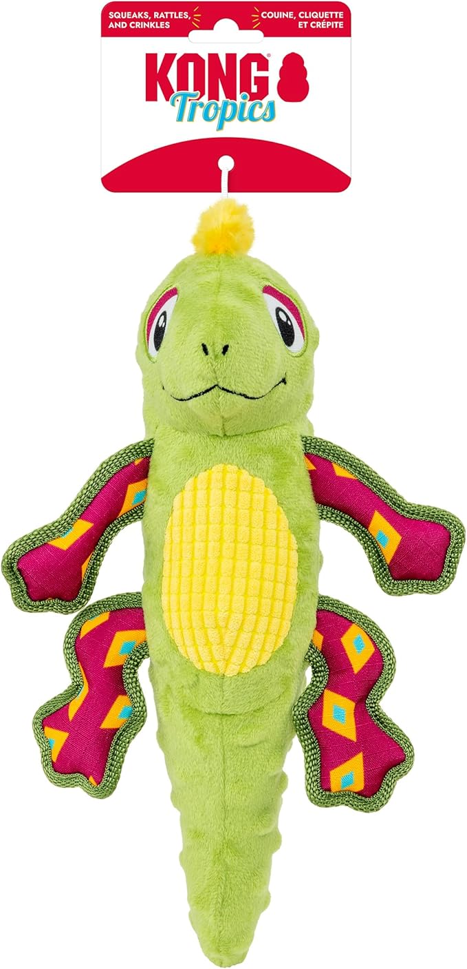 KONG Tropics Rattlez Dog Toy – Durable Plush with Rattle & Crinkle Sounds, Multi-Texture Interactive Enrichment Toy for Dogs (Iguana, Medium/Large)