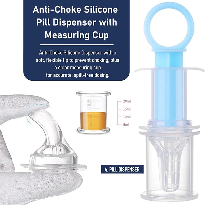 Pill Shooter for Cats Dogs, 5-in-1 Pet Medication Kit with Pill Popper Gun, Liquid Syringe, Anti-Choke Dispenser, Pill Cutter Grinder & Pet Grooming Deshedding Brush Glove | Reusable Safe