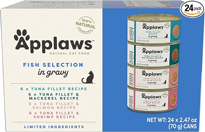 Applaws Natural Wet Cat Food in Gravy, Limited and Natural Ingredients, High Protein with No Artificial Additives, Fish Selection in Gravy (24 x 2.47oz Cans)