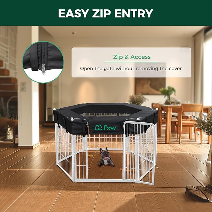 FXW Homeplus Indoor Dog Playpen with Hexagon Mesh Top Cover for Escape Prevention, 32 Inch 6 Panels Heavy Duty Dog Pen for Small and Medium Dogs, White│Patented