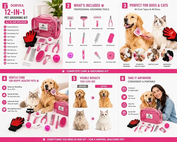 Pet Grooming Kit 12-in-1 for Dogs & Cats - Professional Deshedding Brush, Nail Clipper, Slicker Brush Flea Comb, Grooming Gloves, cat Teaser Ball Set with Storage Bag