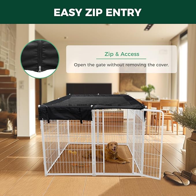 FXW Homeplus Indoor Dog Playpen with Square Mesh Top Cover for Escape Prevention, 40 Inch 8 Panels Heavy Duty Dog Pen for Medium and Large Dogs, White│Patented