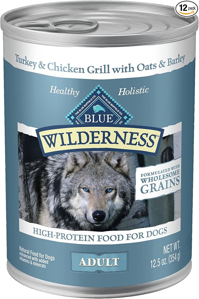 Blue Buffalo Wilderness Natural High Protein Wet Food for Adult Dogs, Turkey & Chicken Grill WITH WHOLESOME GRAINS, 12.5-oz Cans, 12 Count